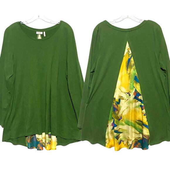Lori Goldstein LOGO Modal Blend Green Shirt Colorful Sheer Back Panel Womens L - Picture 1 of 7